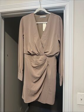 Abercrombie & Fitch Mauve-Taupe Long-Sleeve Draped Wrap Dress